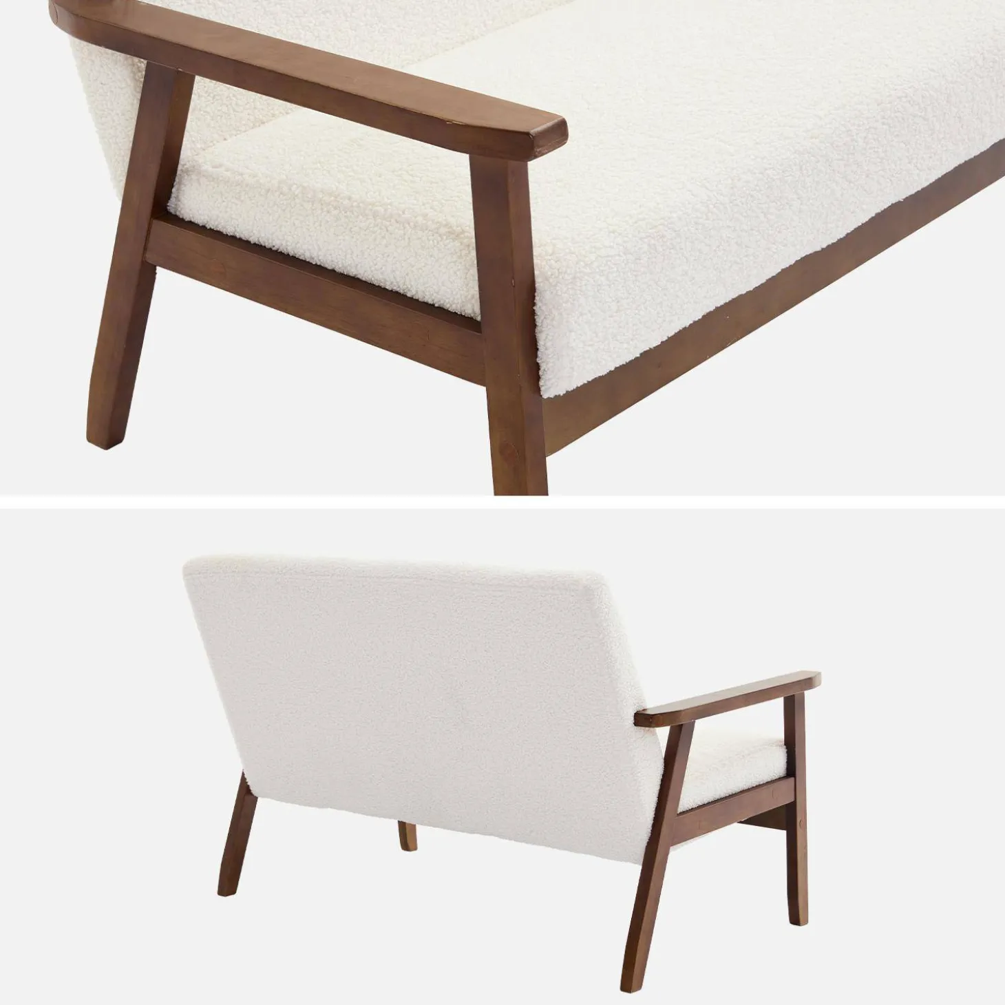Tweezits bankje met walnootkleurig hout en bouclé zitting
