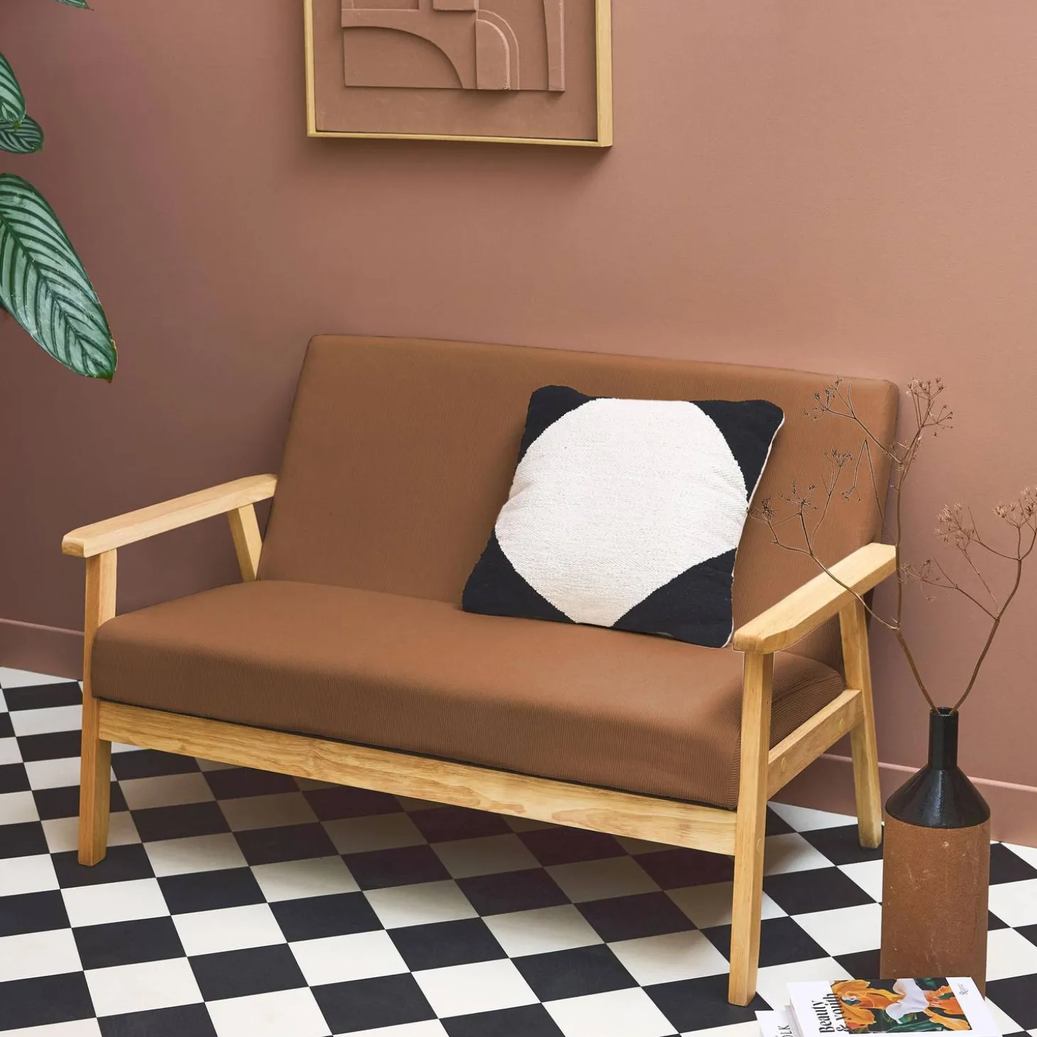 Tweezits bankje van hout met corduroy zitting