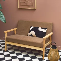Tweezits bankje van hout met corduroy zitting