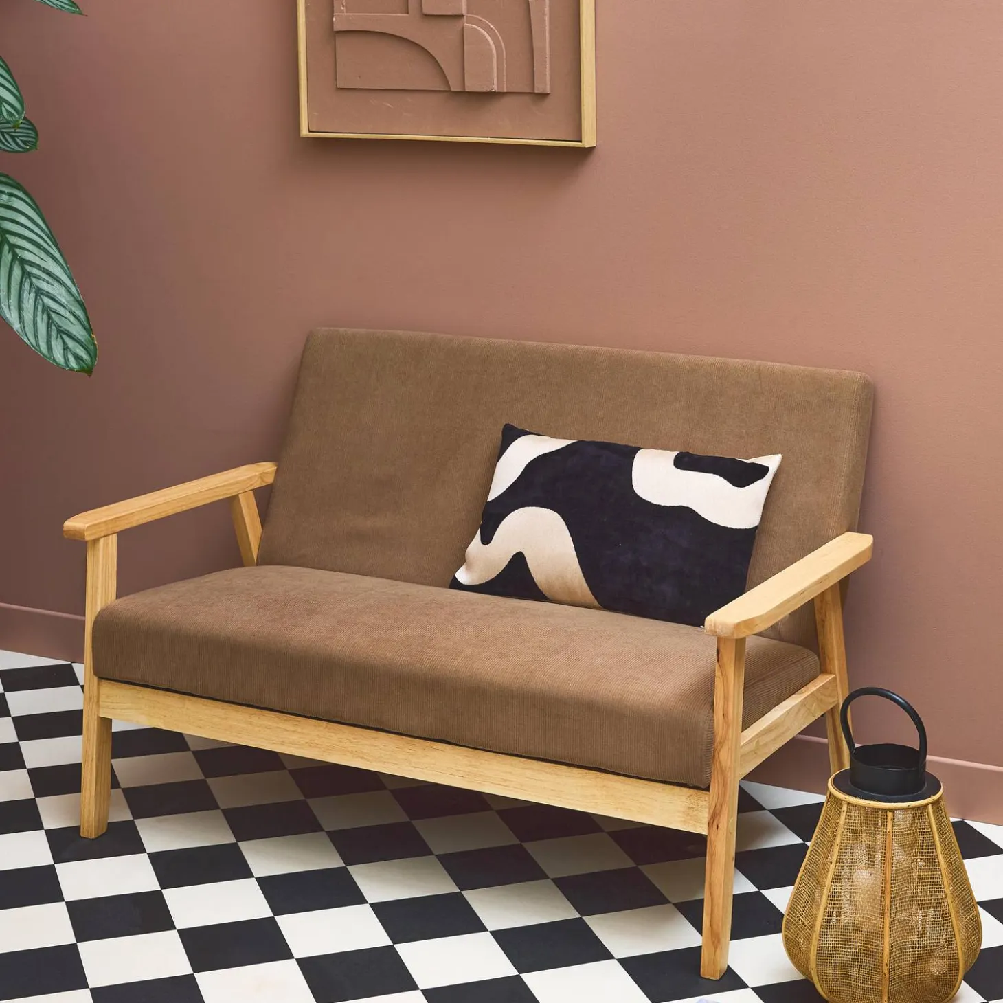 Tweezits bankje van hout met corduroy zitting