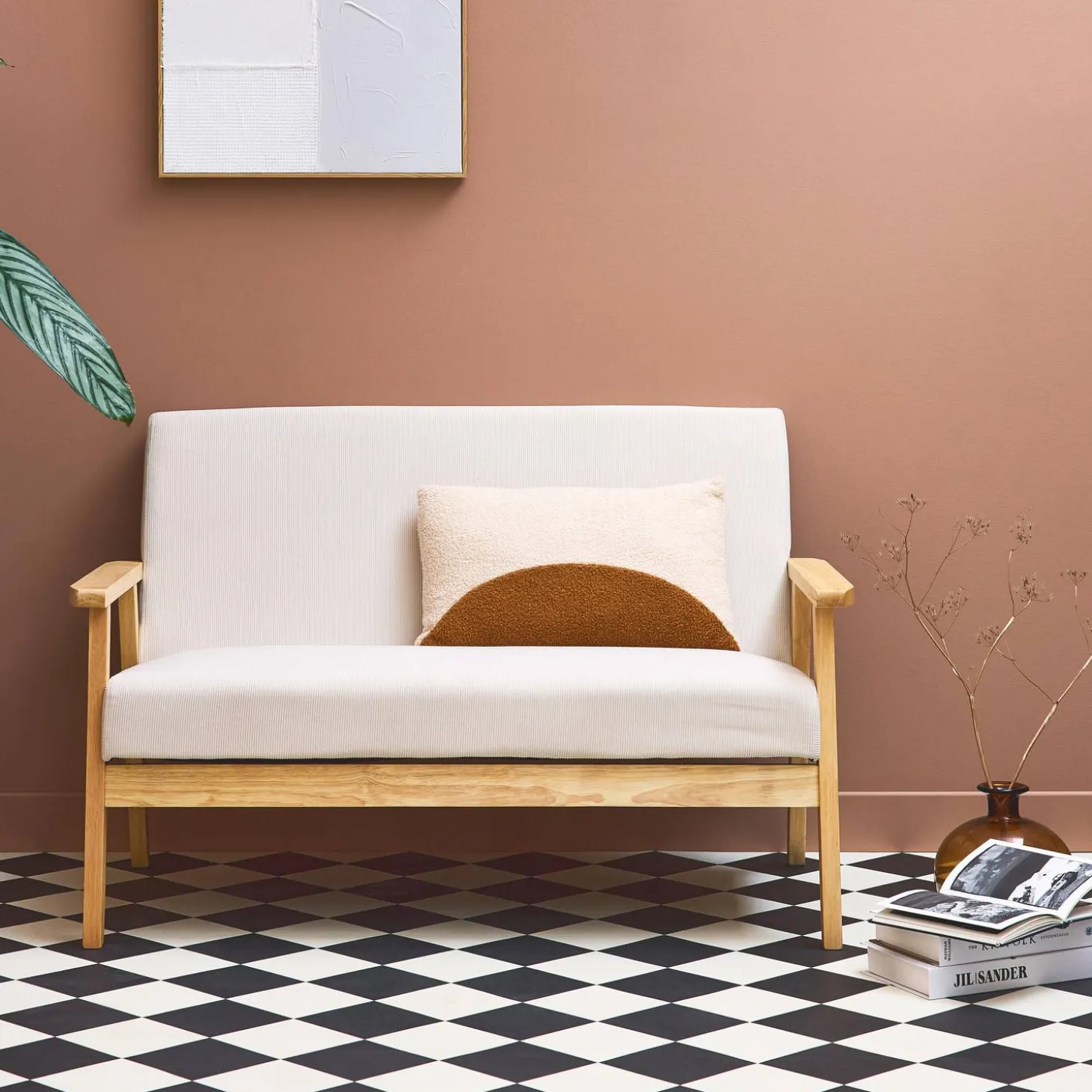 Tweezits bankje van hout met corduroy zitting