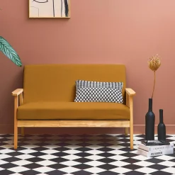 Tweezits bankje van hout met corduroy zitting