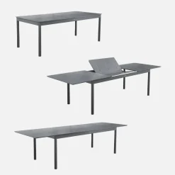 Uitschuifbare aluminium tuintafel, 8 textilène stoelen.