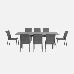 Uitschuifbare aluminium tuintafel en 8 stoelen