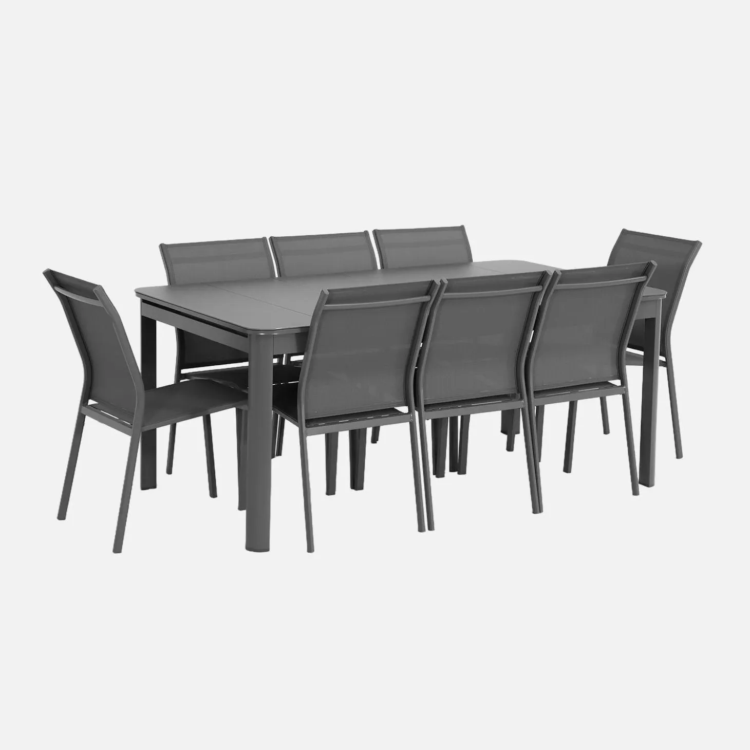 Uitschuifbare aluminium tuintafel en 8 stoelen