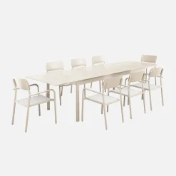 Uitschuifbare aluminium tuintafel, 8 textilène stoelen.