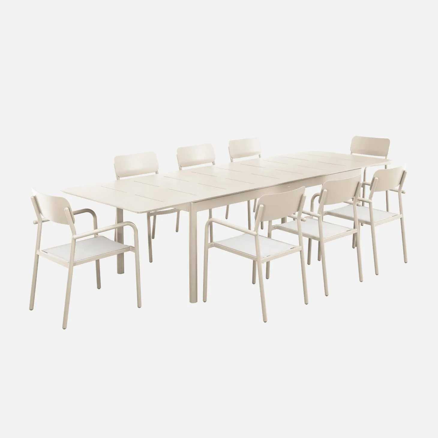Uitschuifbare aluminium tuintafel, 8 textilène stoelen.