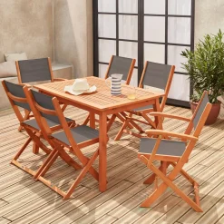 Uitschuifbare houten tuintafel, 6 stoelen
