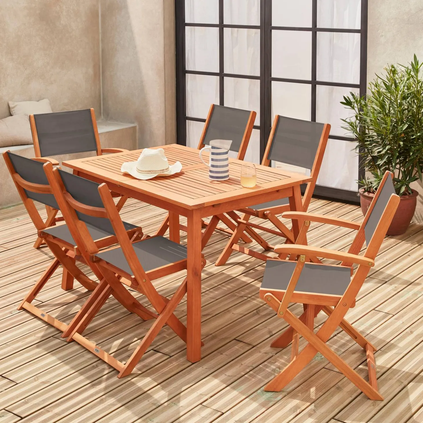 Uitschuifbare houten tuintafel, 6 stoelen