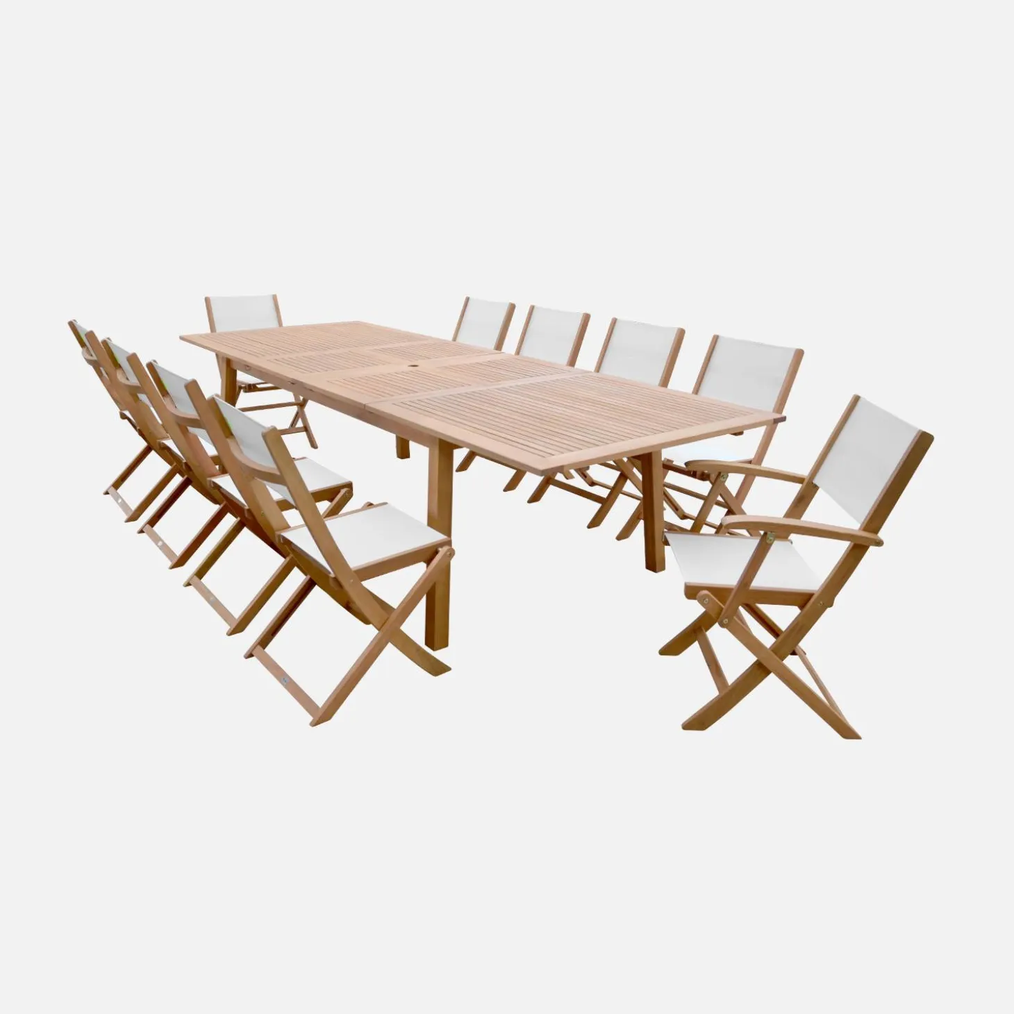 Uitschuifbare houten tuintafel met 10 stoelen