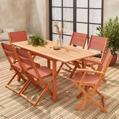 Uitschuifbare houten tuintafel, 6 stoelen