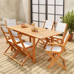 Uitschuifbare houten tuintafel, 6 stoelen