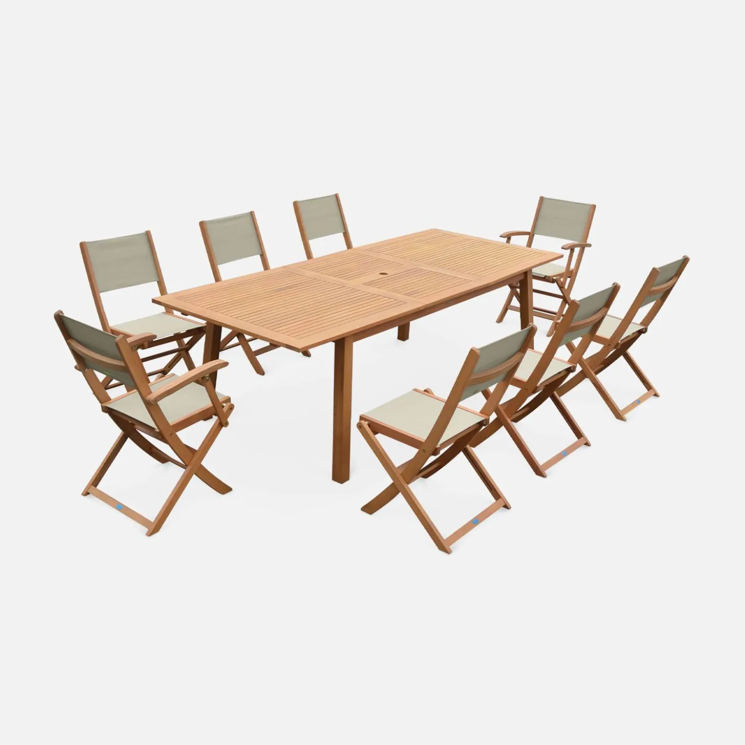 Uitschuifbare houten tuintafel met 8 stoelen