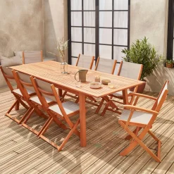 Uitschuifbare houten tuintafel met 8 stoelen
