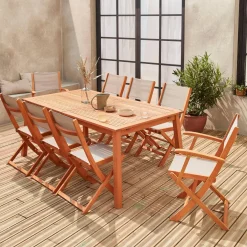 Uitschuifbare houten tuintafel met 8 stoelen