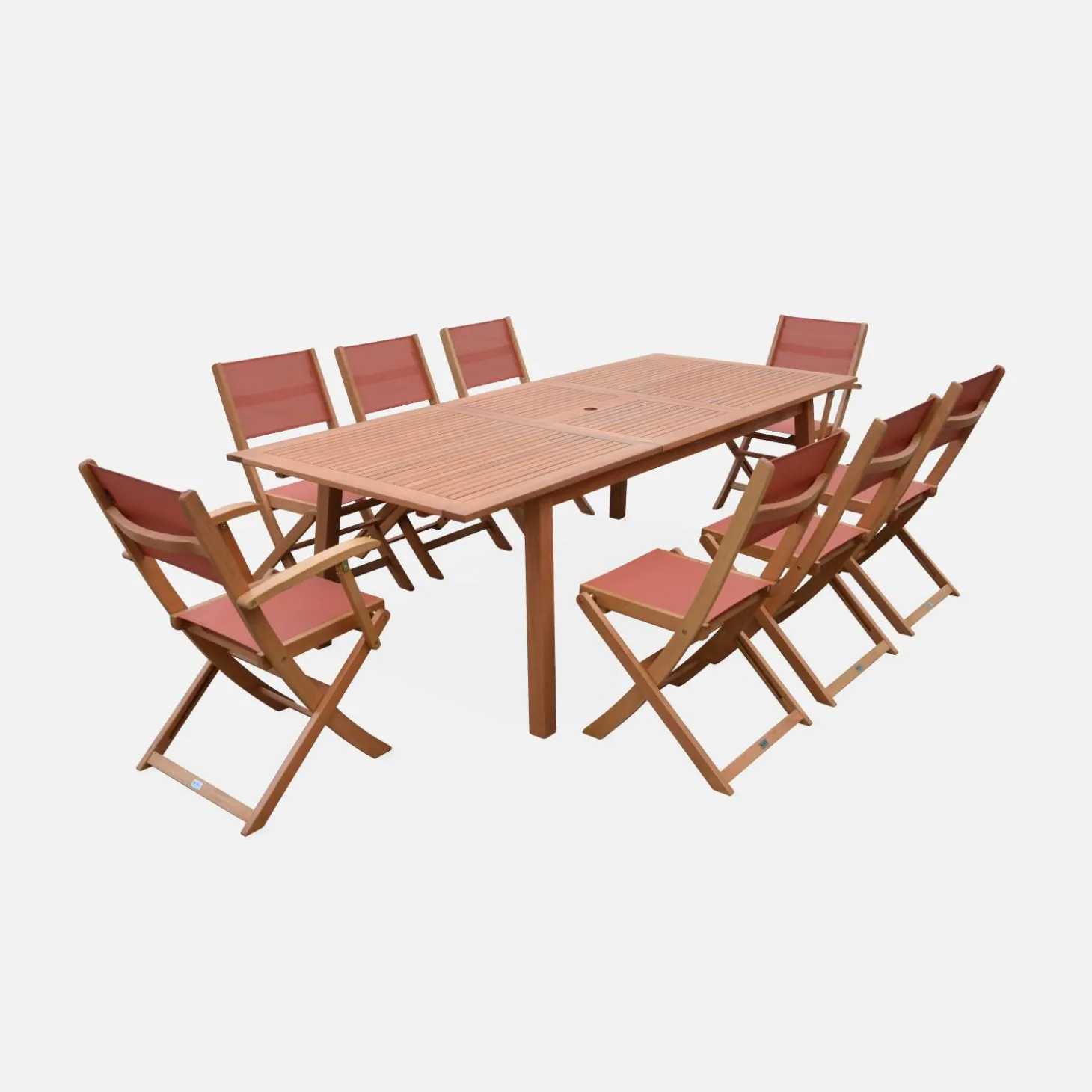 Uitschuifbare houten tuintafel met 8 stoelen