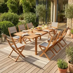 Uitschuifbare houten tuintafel met 8 stoelen