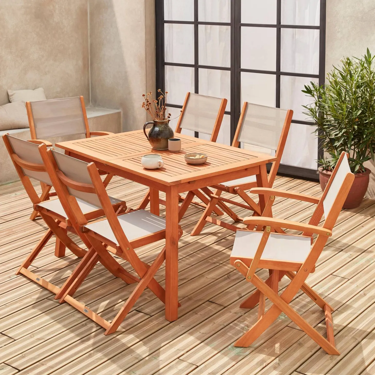 Uitschuifbare houten tuintafel, 6 stoelen
