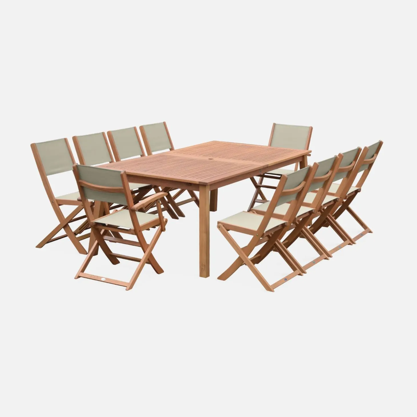 Uitschuifbare houten tuintafel met 10 stoelen