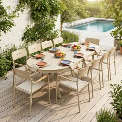 Uitschuifbare ovale tuintafel van aluminium en 10 stoelen