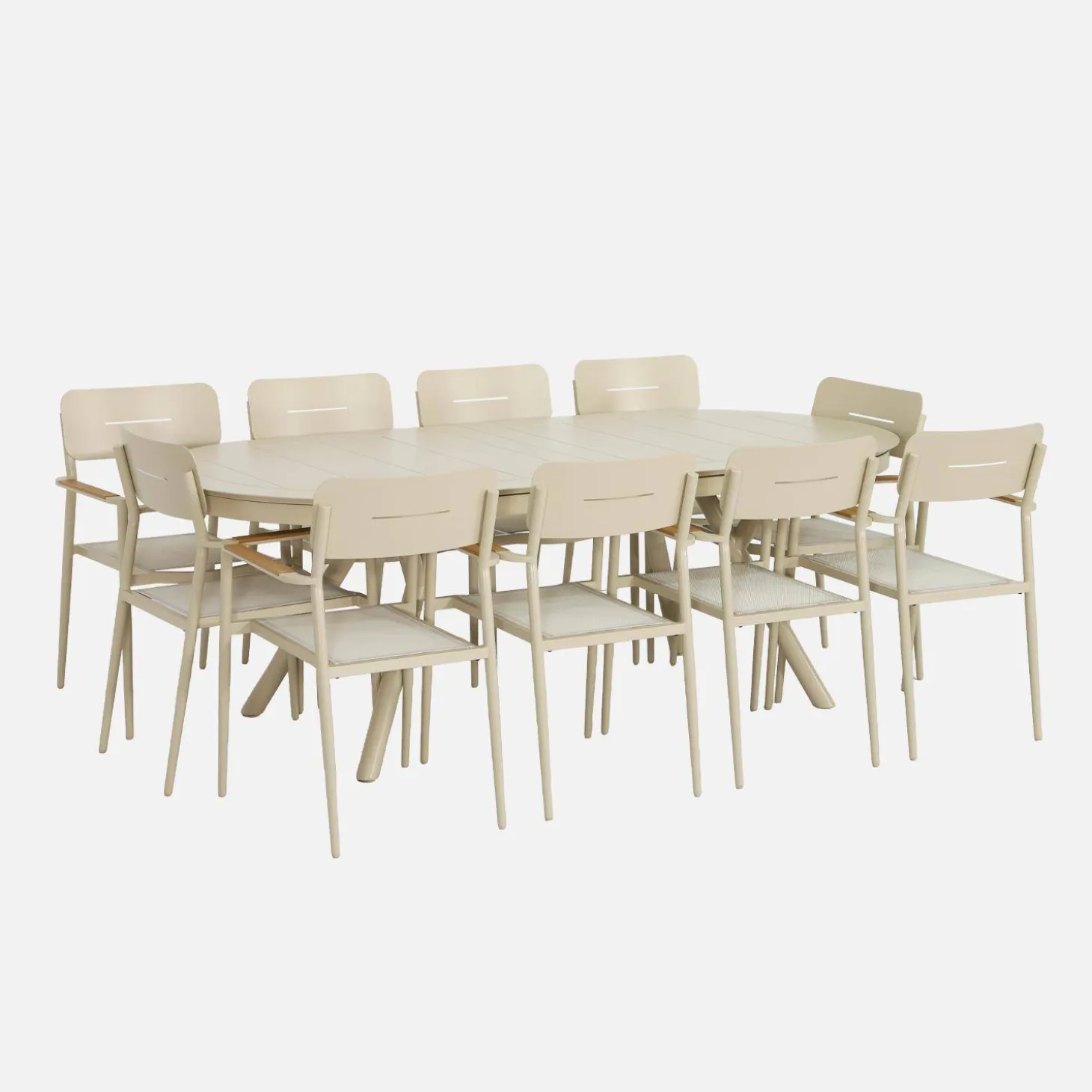 Uitschuifbare ovale tuintafel van aluminium en 10 stoelen
