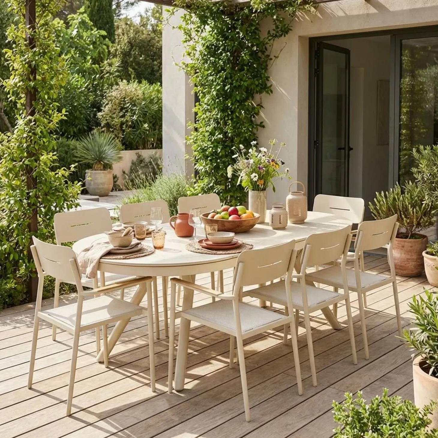 Uitschuifbare ovale tuintafel van aluminium en 8 stoelen