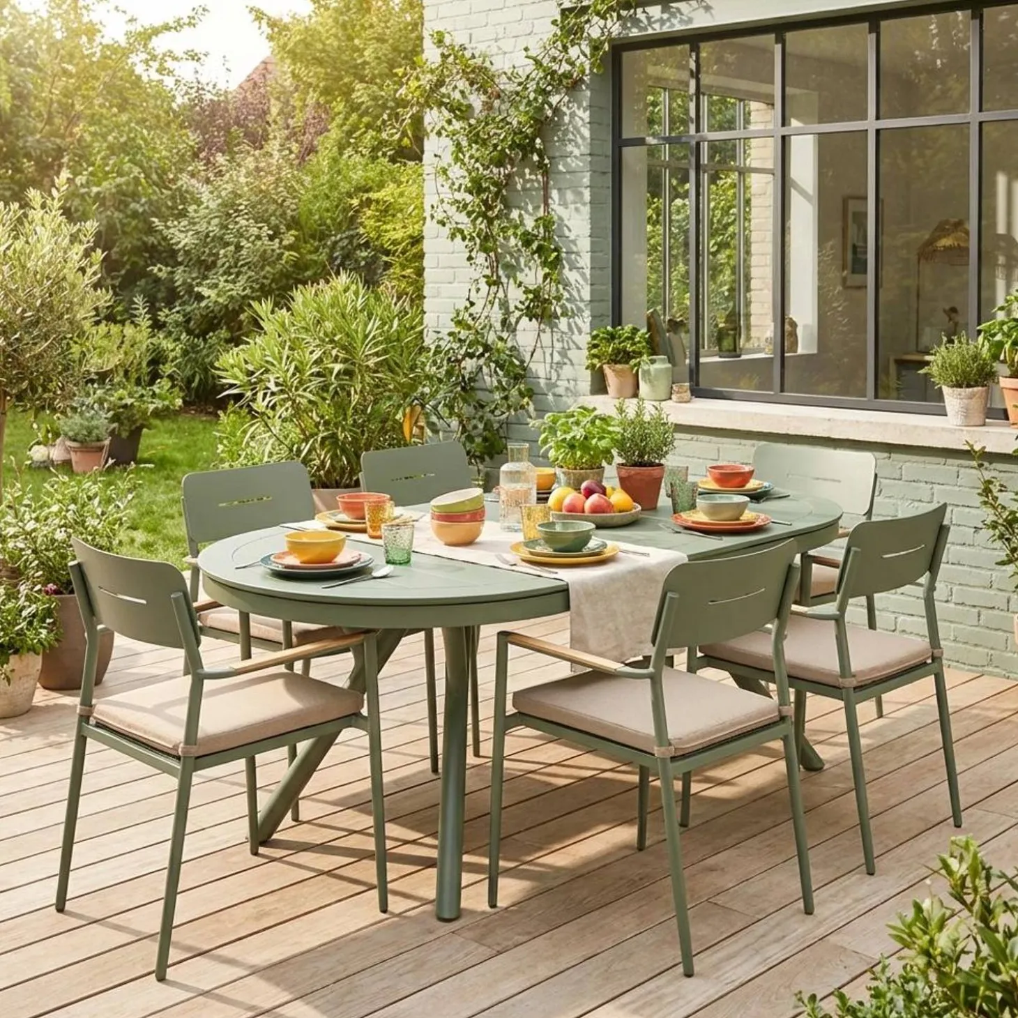 Uitschuifbare ovale tuintafel van aluminium en 6 stoelen