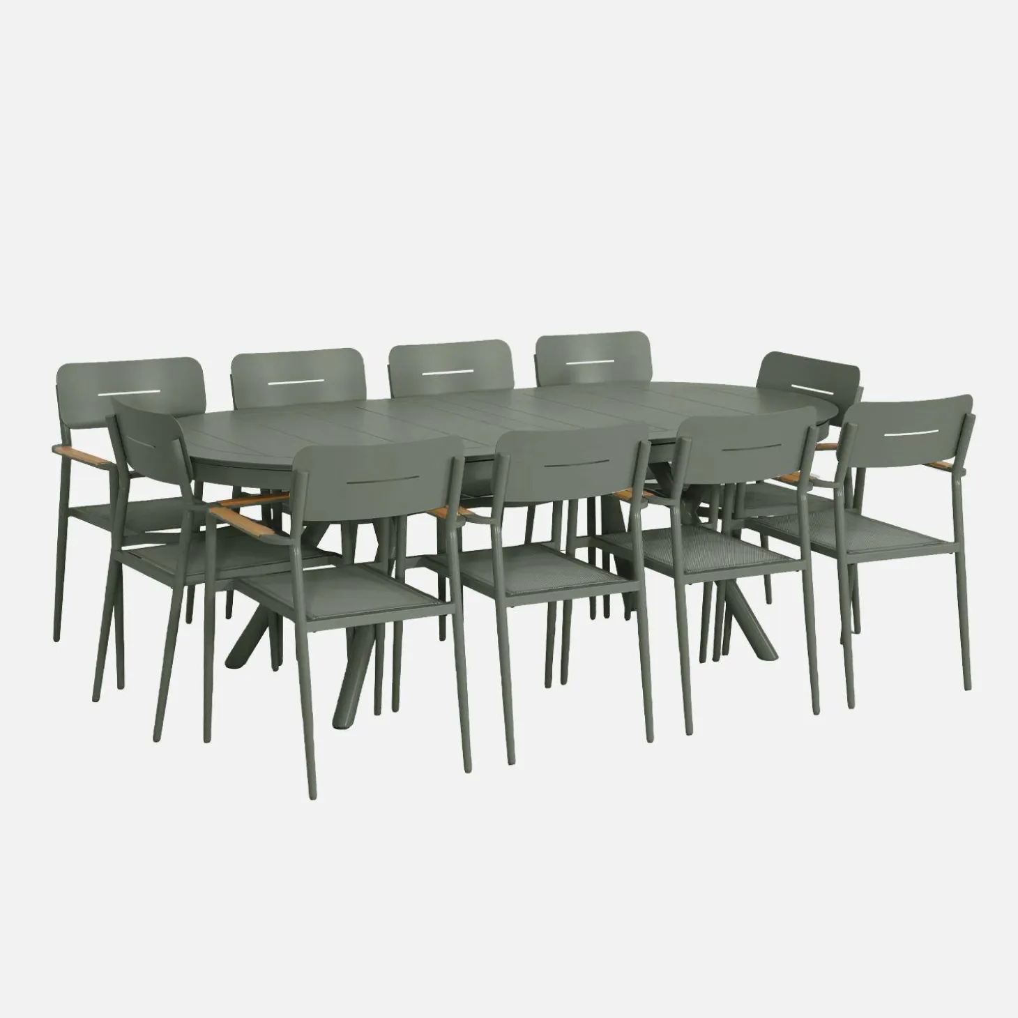Uitschuifbare ovale tuintafel van aluminium en 10 stoelen