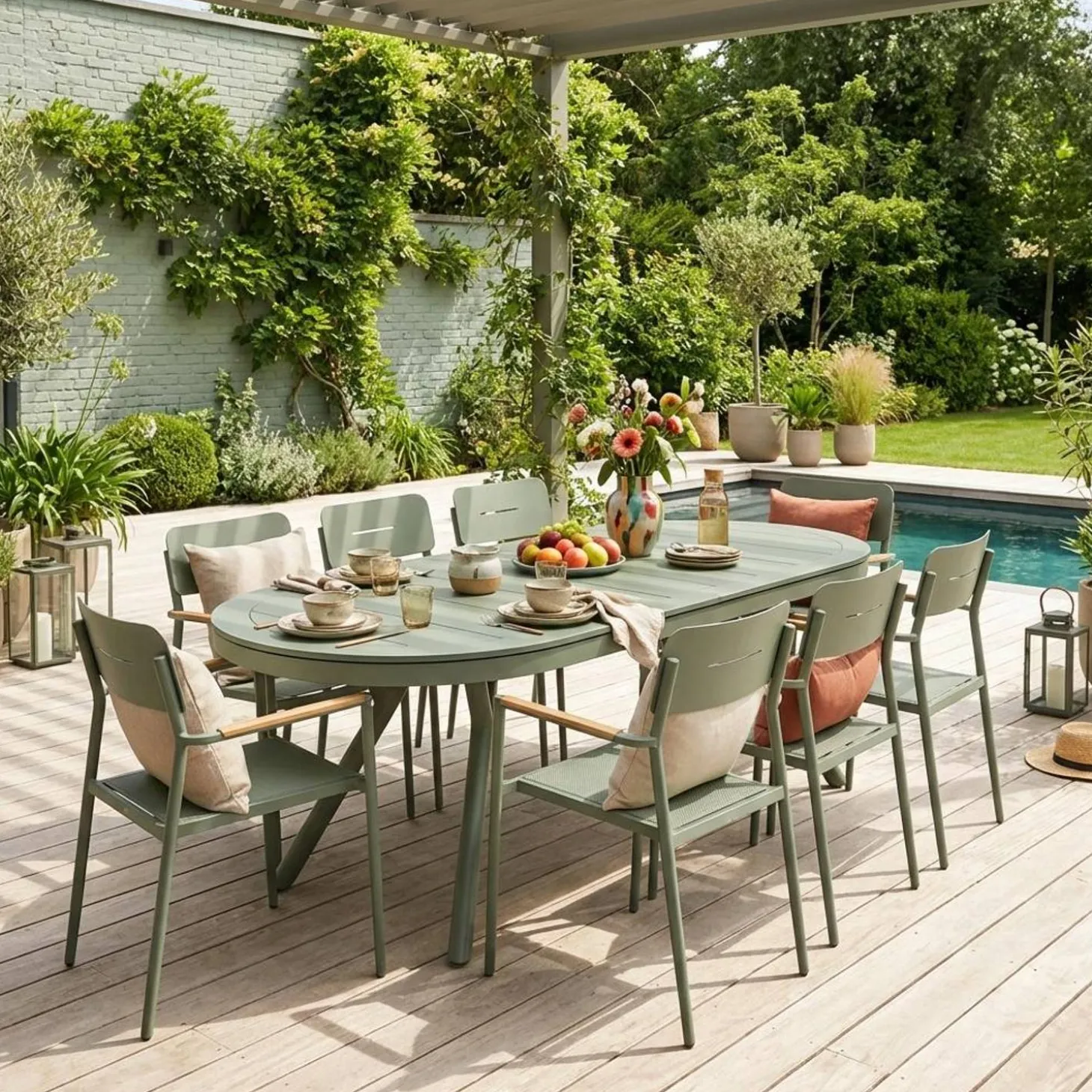 Uitschuifbare ovale tuintafel van aluminium en 8 stoelen