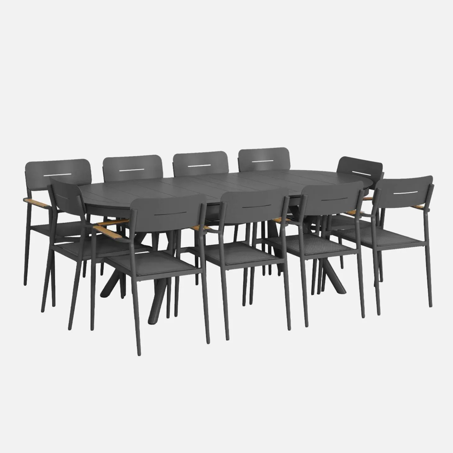 Uitschuifbare ovale tuintafel van aluminium en 10 stoelen