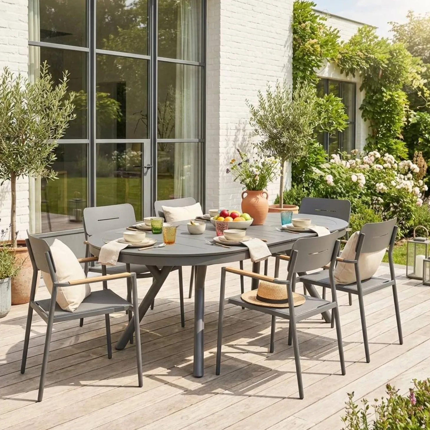 Uitschuifbare ovale tuintafel van aluminium en 6 stoelen