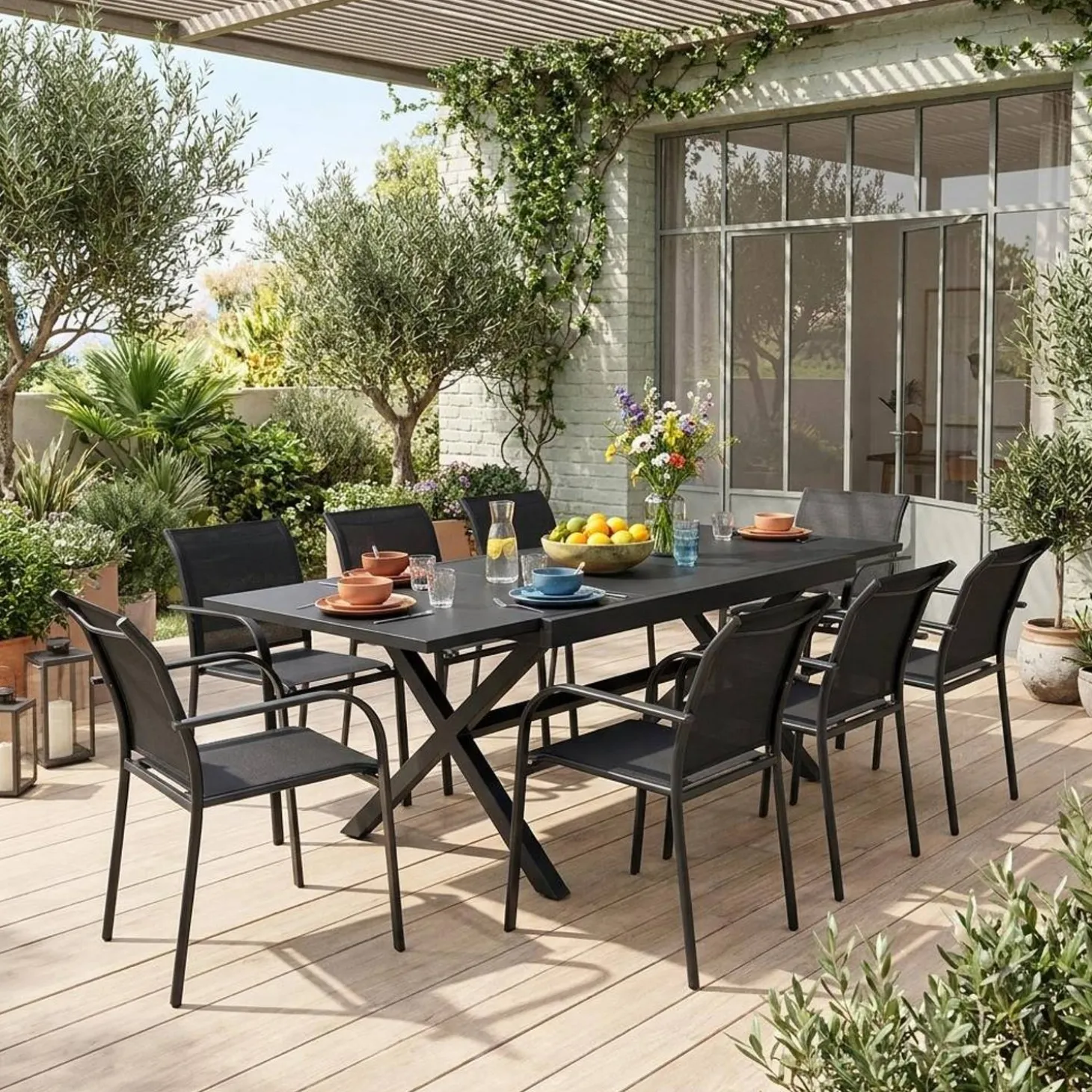 Uitschuifbare tuintafel aluminium met 8 stoelen