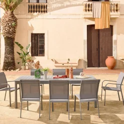 Uitschuifbare tuintafel van aluminium en textileen, 10 stoelen