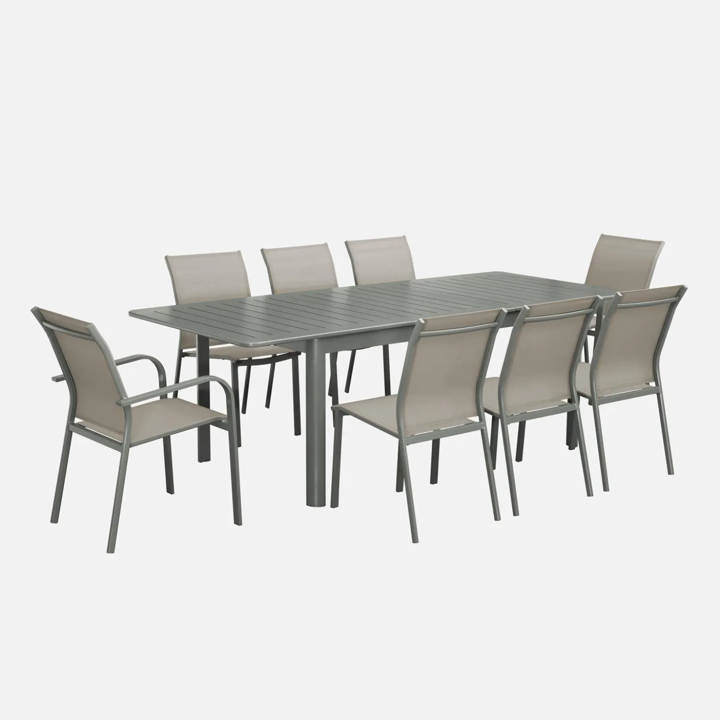 Uitschuifbare tuintafel van aluminium en textileen, 8 stoelen