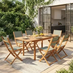 Uitschuifbare tuintafel van hout + 6 stoelen