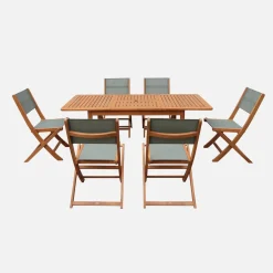 Uitschuifbare tuintafel van hout + 6 stoelen