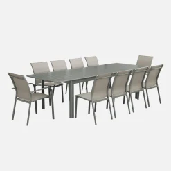 Uitschuifbare tuintafel van aluminium en textileen, 10 stoelen
