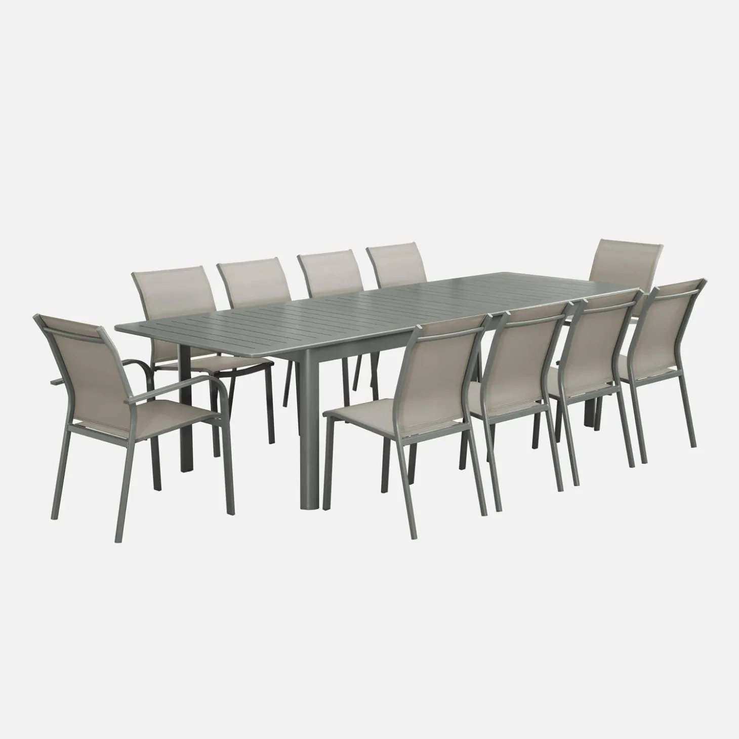Uitschuifbare tuintafel van aluminium en textileen, 10 stoelen