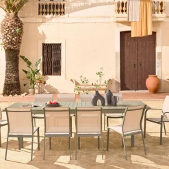 Uitschuifbare tuintafel van aluminium en textileen, 10 stoelen
