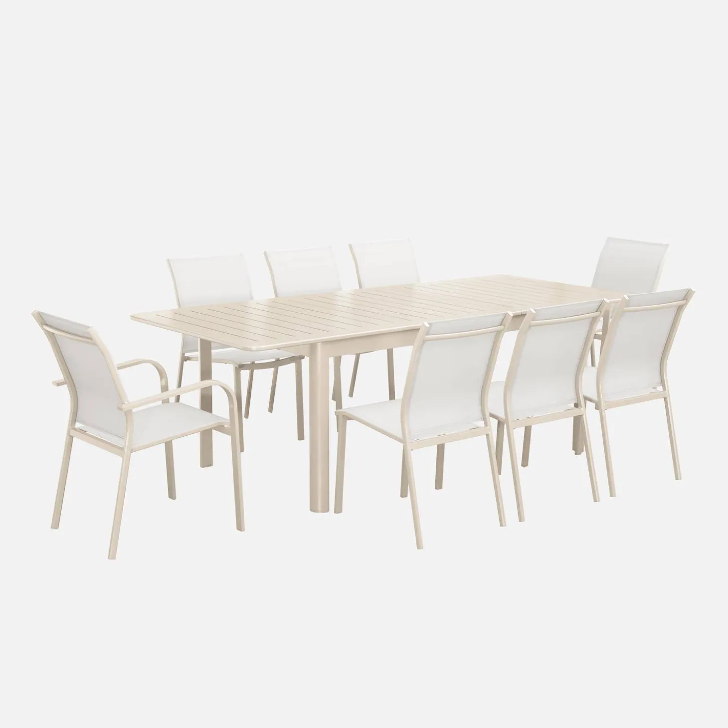 Uitschuifbare tuintafel van aluminium en textileen, 8 stoelen
