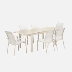 Uitschuifbare tuintafel van aluminium, 6 stoelen, waarvan 2 met armleuning