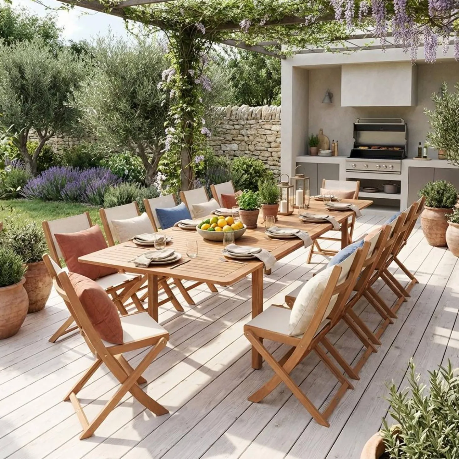 Uitschuifbare tuintafel van hout met 12 stoelen