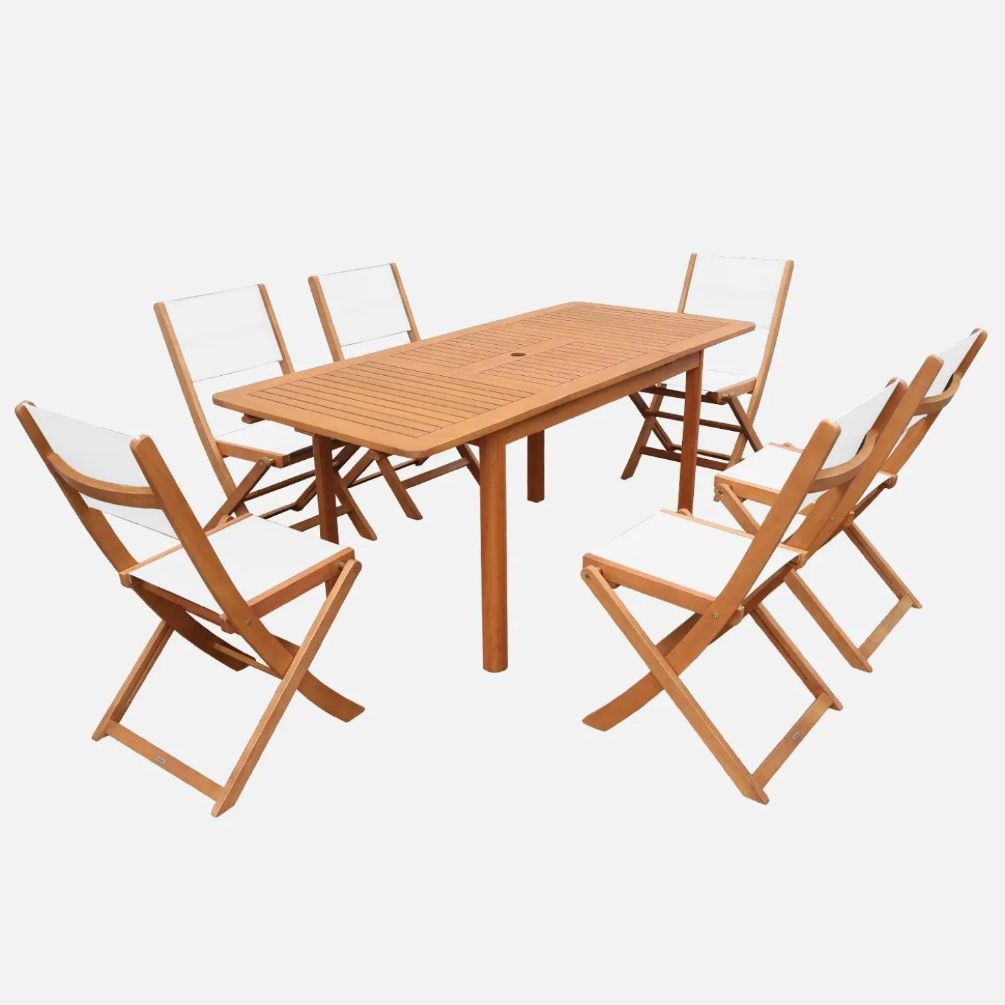 Uitschuifbare tuintafel van hout + 6 stoelen