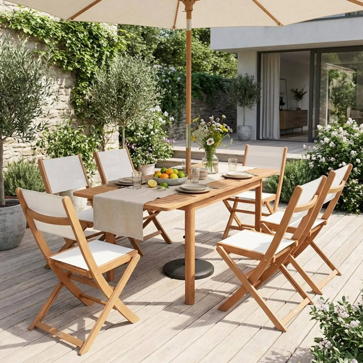 Uitschuifbare tuintafel van hout + 6 stoelen