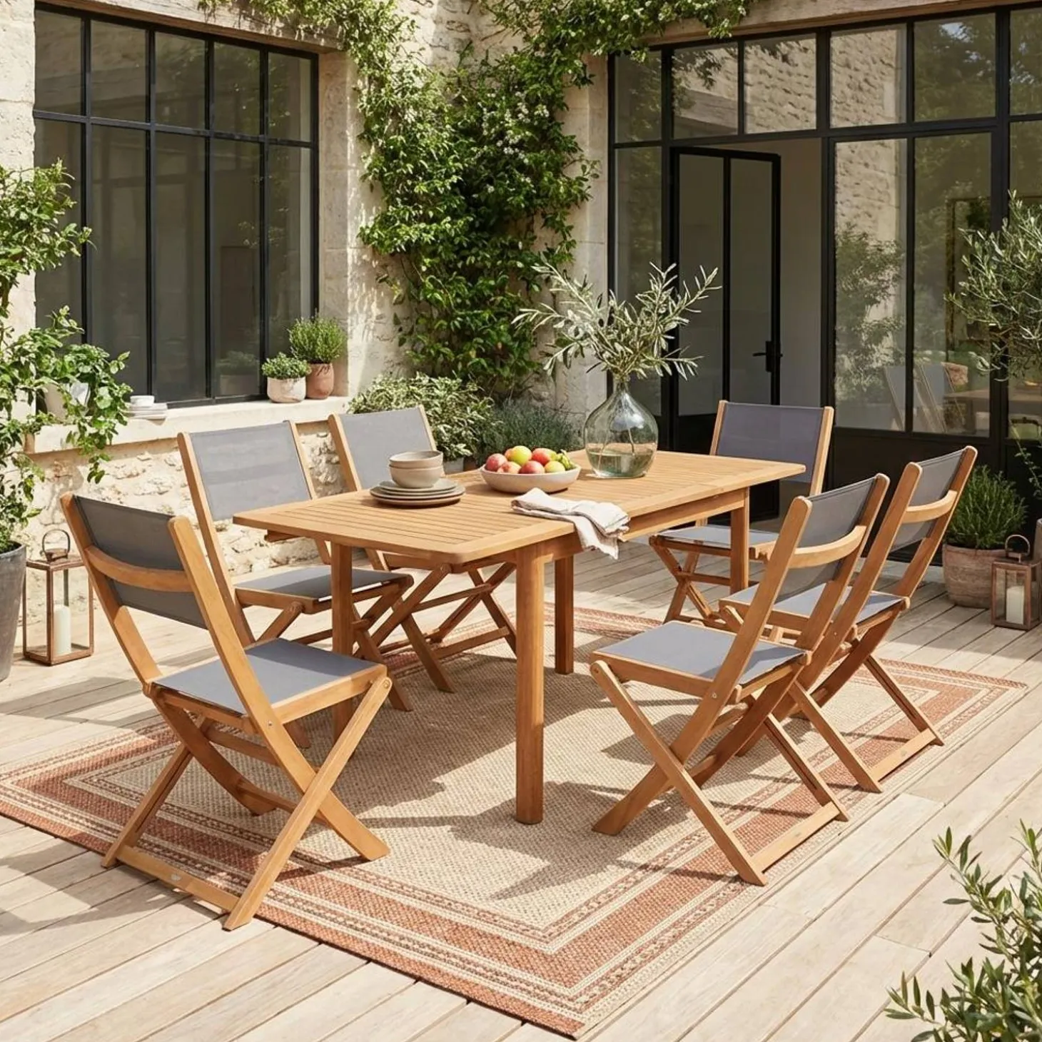 Uitschuifbare tuintafel van hout + 6 stoelen
