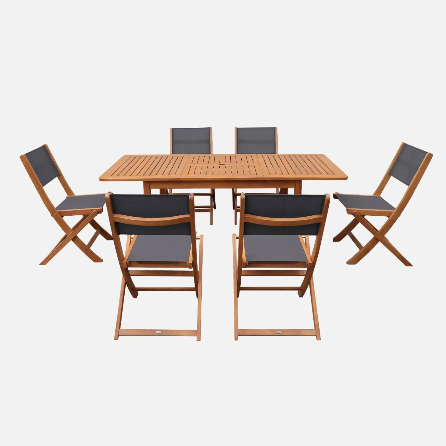 Uitschuifbare tuintafel van hout + 6 stoelen