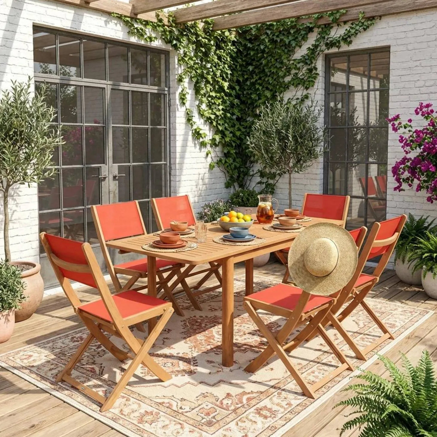 Uitschuifbare tuintafel van hout + 6 stoelen