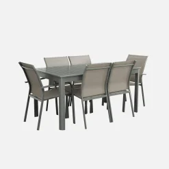 Uitschuifbare tuintafel van aluminium, 6 stoelen, waarvan 2 met armleuning