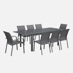 Uitschuifbare tuintafel van aluminium en textileen, 8 stoelen