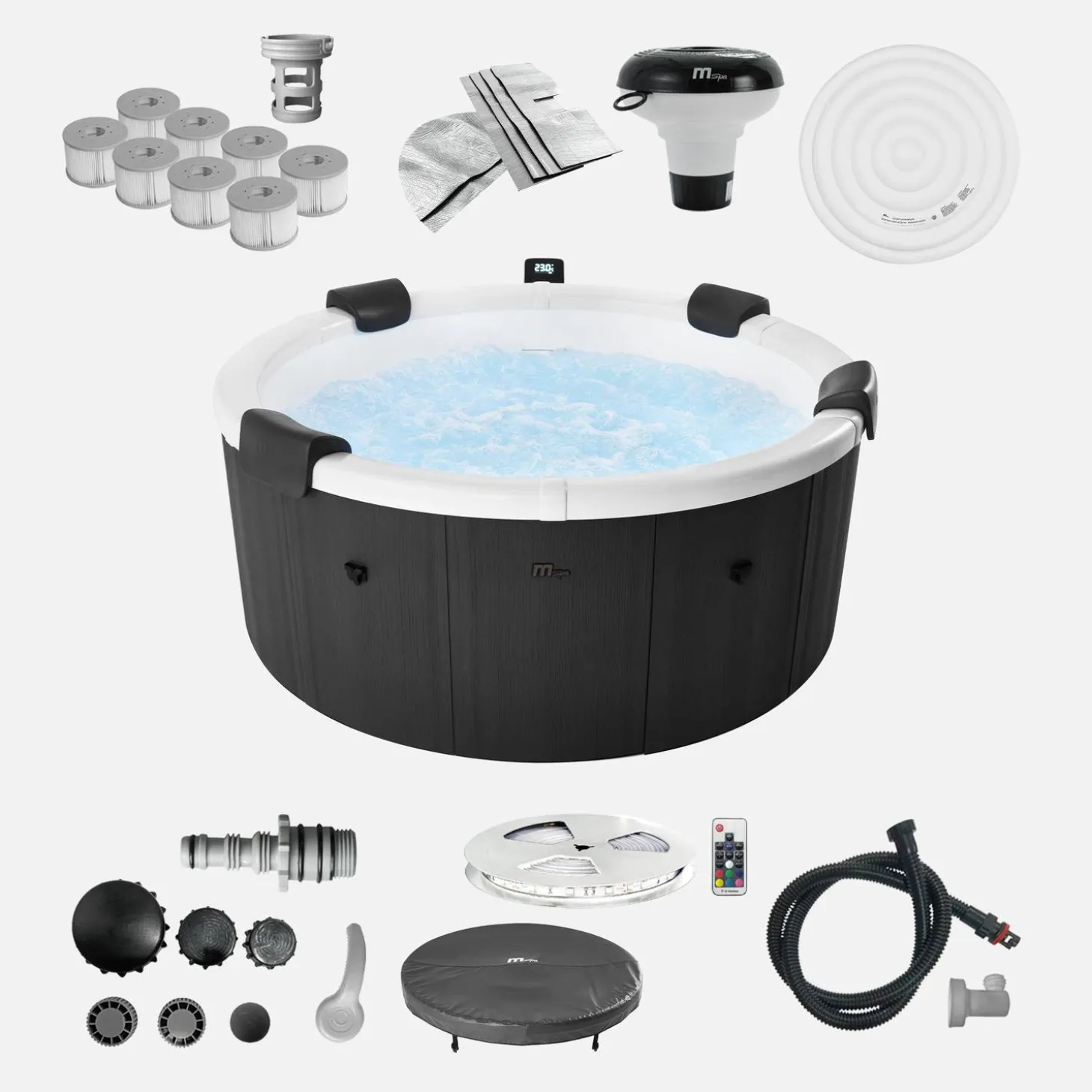 Vaste spa 6 plaatsen 180cm rond hydromassage afdekzeil + hoes + 8 filters